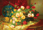 ₴ Репродукція натюрморт від 223 грн.: Троянди у вазі, скляний фужер та лимон на підносі на драпірованому столі