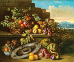 ₴ Картина натюрморт відомого художника від 259 грн.: Фрукти у кошику на кам'яному виступі, фрукти у ван-лі чаші, гарбузи та срібне блюдо внизу на тлі краєвиду