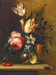 ₴ Репродукція натюрморт від 256 грн.: Тюльпани, рожеві троянди та інші квіти у вазі, разом з вишнею на дерев'яному виступі та метелик