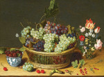 ₴ Репродукція натюрморт від 317 грн.: Виноград у кошику, шовковиця у фарфоровій мисці та квіти у скляній вазі на кам'яному виступі