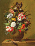 ₴ Репродукція натюрморт від 252 грн.: Букет квітів у кам'яній вазі на виступі з ящіркою, жуком-оленем та равликом