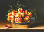 ₴ Репродукція натюрморт від 235 грн.: Персики на олов'яній тарілці зверху на деревноволокнистій коробці