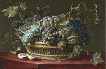 ₴ Репродукція натюрморт від 211 грн.: Виноград на лозі у кошику, половинка персика на виступі