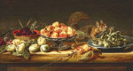 ₴ Репродукція натюрморт від 181 грн.: Персики у вазі, фундук на олов'яній тарілці, малина в кошику, груша та білка на столі