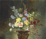 ₴ Репродукція натюрморт від 265 грн.: Троянди, тюльпани, гладіолуси та інші квіти у скляній чаші на п'єдесталі