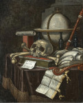 ₴ Репродукція натюрморт від 237 грн.: Ванітас з глобусом, череп та кістки, музичні інструменти та книги на задрапірованому столі