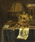 ₴ Репродукція натюрморт від 237 грн.: Ванітас, череп на перевернутій короні, астрологічний глобус, пісочний годинник, книга, черепашка з мильними бульбашками, портрет імператора Августа, все на драпірованому столі