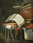 ₴ Репродукція натюрморт від 247 грн.: Ванітас з книгами, манускриптом, флейтою, скрипкою та лютнею, пісочний годинник та компас, все на драпірованому столі