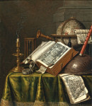 ₴ Репродукція натюрморт від 282 грн.: Ванітас, свічник, книги, музичні інструменти, астрологічний глобус, кишеньковий та пісочний годинник, все на драпірованому столі