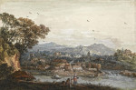 ₴ Репродукція краєвид від 259 грн.: Вид на місто біля річки, фігури на передньому плані