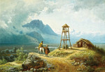 ₴ Репродукция пейзаж от 293 грн.: Горный пейзаж с всадником возле башни