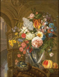 ₴ Репродукция натюрморт от 331 грн.: Цветы в стеклянной вазе и птичье гнездо с птенцами
