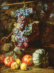 ₴ Репродукція натюрморт від 200 грн.: Виноградна грона звисаюча з гілкою, гранат, персики, диня та саламандра, все у пейзажі