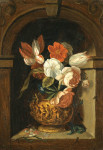 ₴ Репродукція натюрморт від 213 грн.: Тюльпани, троянди, іпомеї та інші квіти у скульптурній бронзовій вазі в ніші