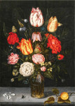 ₴ Картина натюрморт відомого художника від 211 грн.: Квіти у скляній вазі, персик, муха та пелюстки на кам'яному виступі