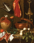 ₴ Репродукція натюрморт від 247 грн.: Хунг м'ясо, пучок ріпи, гасова лампа, глиняний глечик, латунний посуд на столі