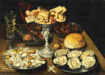 ₴ Репродукція натюрморт від 229 грн.: Устриці на олов'яному блюді з солодощами у срібному таці та інші об'єкти на столі