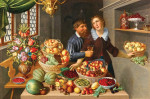 ₴ Репродукція натюрморт від 285 грн.: Великий натюрморт з фруктами, овочами та квітами, а також пара в інтер'єрі