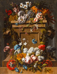 ₴ Репродукція натюрморт від 363 грн.: Тюльпани, троянди, гвоздики, лілії, хризантеми та інші квіти в урні на кам'яному уступі
