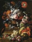 ₴ Репродукція натюрморт від 337 грн.: Штокроза, карнації та інші квіти у вазі на постаменті з динею, вишнями та виноградом