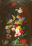 ₴ Репродукція натюрморт від 274 грн.: Троянди, гвоздики, тюльпани, нарциси та інші квіти у скульптурній урні на виступі з пташиним гніздом