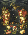 ₴ Репродукція натюрморт від 242 грн.: Ремер з волоськими горіхами та мигдалем у ніші оточеної гірляндами з фруктів з осою та сонечком і полог вище