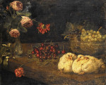 ₴ Репродукція натюрморт від 253 грн.: Виноград у чаші, черешні, троянди у вазі та пара голубів, все на столі