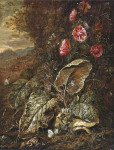 ₴ Репродукция натюрморт от 306 грн.: Цветы и растения в пейзаже с жабами и мотыльками