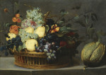 ₴ Репродукція натюрморт від 229 грн.: Груші, виноград та абрикоси в кошику та кавун на кам'яному виступі