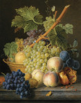 ₴ Репродукція натюрморт від 242 грн.: Виноград та персики у кошику, відкритий гранат, сливи, чорний виноград та персики, все на мармуровому уступі