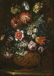 ₴ Картина натюрморт художника від 204 грн.: Різні квіти у бронзовій урні на виступі