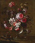 ₴ Репродукція натюрморт від 312 грн.: Букет квітів у скляній вазі на виступі з птицею