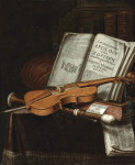 ₴ Репродукція натюрморт від 237 грн.: Відкрита книга зі скрипкою на флейті та музичні листи на виступі