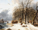 ₴ Репродукция пейзаж от 333 грн.: Конькобежцы и лесозаготовители в зимнем речном ландшафте