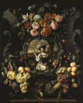 ₴ Репродукція натюрморт від 237 грн.: Картуш із квітів та фруктів навколо портрета леді одягненої пастушкою