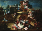 ₴ Репродукція натюрморт від 235 грн.: Квіти, урни та кошик у ландшафті