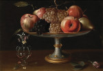 ₴ Репродукція натюрморт від 223 грн.: Яблука, груші та виноград, квіти у скляній вазі та троянда