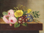 ₴ Репродукція натюрморт від 309 грн.: Рожеві та жовті троянди та примули на дерев'яному виступі