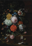 ₴ Картина натюрморт художника від 208 грн.: Півонії, тюльпани, троянди та інші квіти на виступі з двома метеликами, жук, равлик та павук