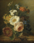 ₴ Репродукція натюрморт від 242 грн.: Натюрморт з нарцисами, троянди та інші квіти у вазі з метеликом, бабка та жук