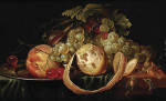 ₴ Репродукція натюрморт від 261 грн.: Лимон, білий виноград, персик та вишня на олов'яній тарілці, інжир та фундук, все на частково задрапірованому кам'яному виступі