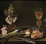 ₴ Репродукція натюрморт від 295 грн.: Натюрморт з креветками, ніж, квіти у скляній вазі