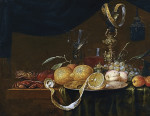 ₴ Репродукція натюрморт від 325 грн.: Краби, персики, абрикоси, виноград та частково очищений лимон, з окулярами ззаду, на частково драпірованому столі