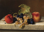 ₴ Репродукция натюрморт от 301 грн.: Два персика и синий виноград на лозе на мраморном выступе