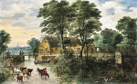 ₴ Репродукция пейзаж от 205 грн.: Речной пейзаж с коттеджами и скотом, Антверпен на расстоянии