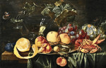 ₴ Репродукція натюрморт від 211 грн.: Персики, сливи, виноград та лимон, з крабом, лобстером та скляною тарілкою на частково драпірованому столі