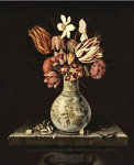 ₴ Репродукція натюрморт від 312 грн.: Тюльпани, крокуси, примула та інші квіти у вазі на кам'яному постаменті з черепашками