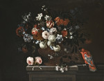 ₴ Репродукція натюрморт від 325 грн.: Квіти з трояндами, тюльпани та гортензії у брогзовій урні на кам'яному педесталі, разом з папугою