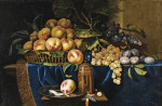 ₴ Репродукція натюрморт від 211 грн.: Персики, виноград, сливи та позолочений срібний шейкер