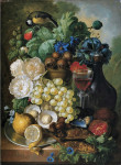 ₴ Репродукція натюрморт від 263 грн.: Натюрморт з фруктами та квітами, устриці, мідії, келих вина та графин